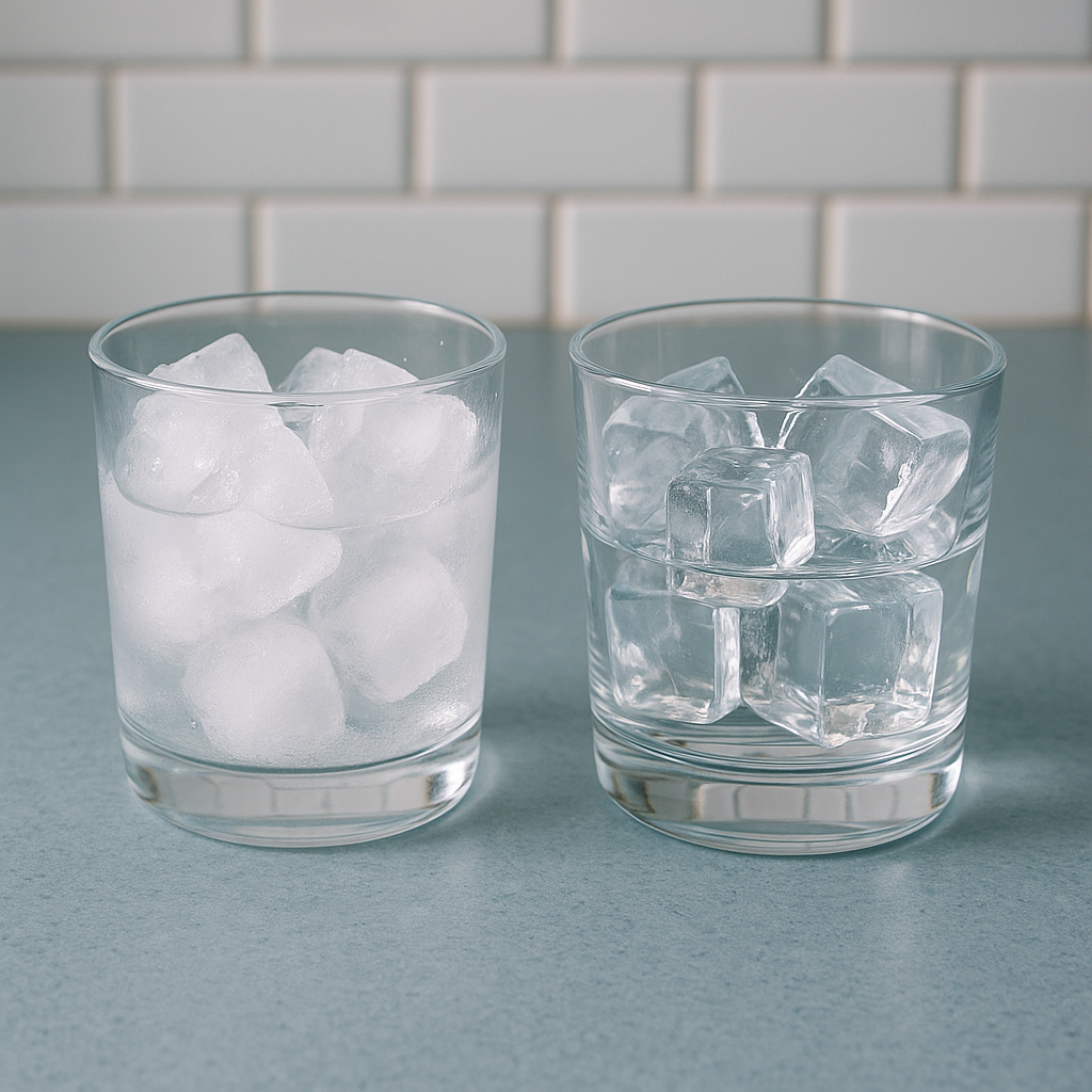A side-by-side comparison of cloudy ice cubes and clear, pure ice cubes in glasses.